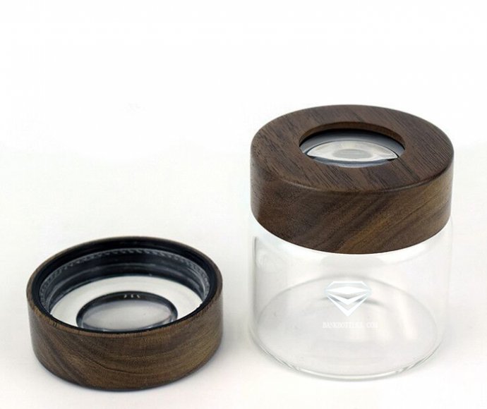 New Glass Storage Container with Child resistant Acacia Wood Lid Magnifyting Glass jar for High Quality Dry Flower Collection