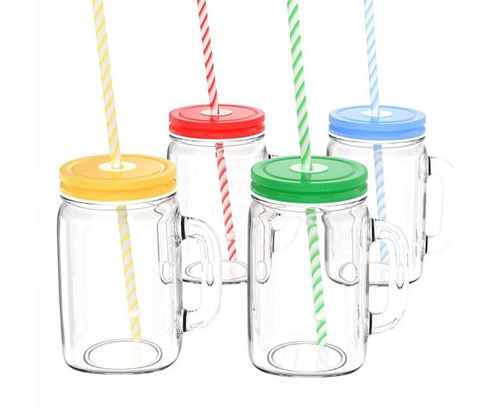 Custom Wide Mouth Colorful Empty Food Glass Mason Jar with Handle Straw