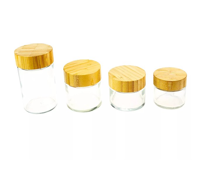 Wholesale Price Logo Customized Cosmetic Skin Care Packaging Bamboo And Wood Pressure Rotary Glass Jar